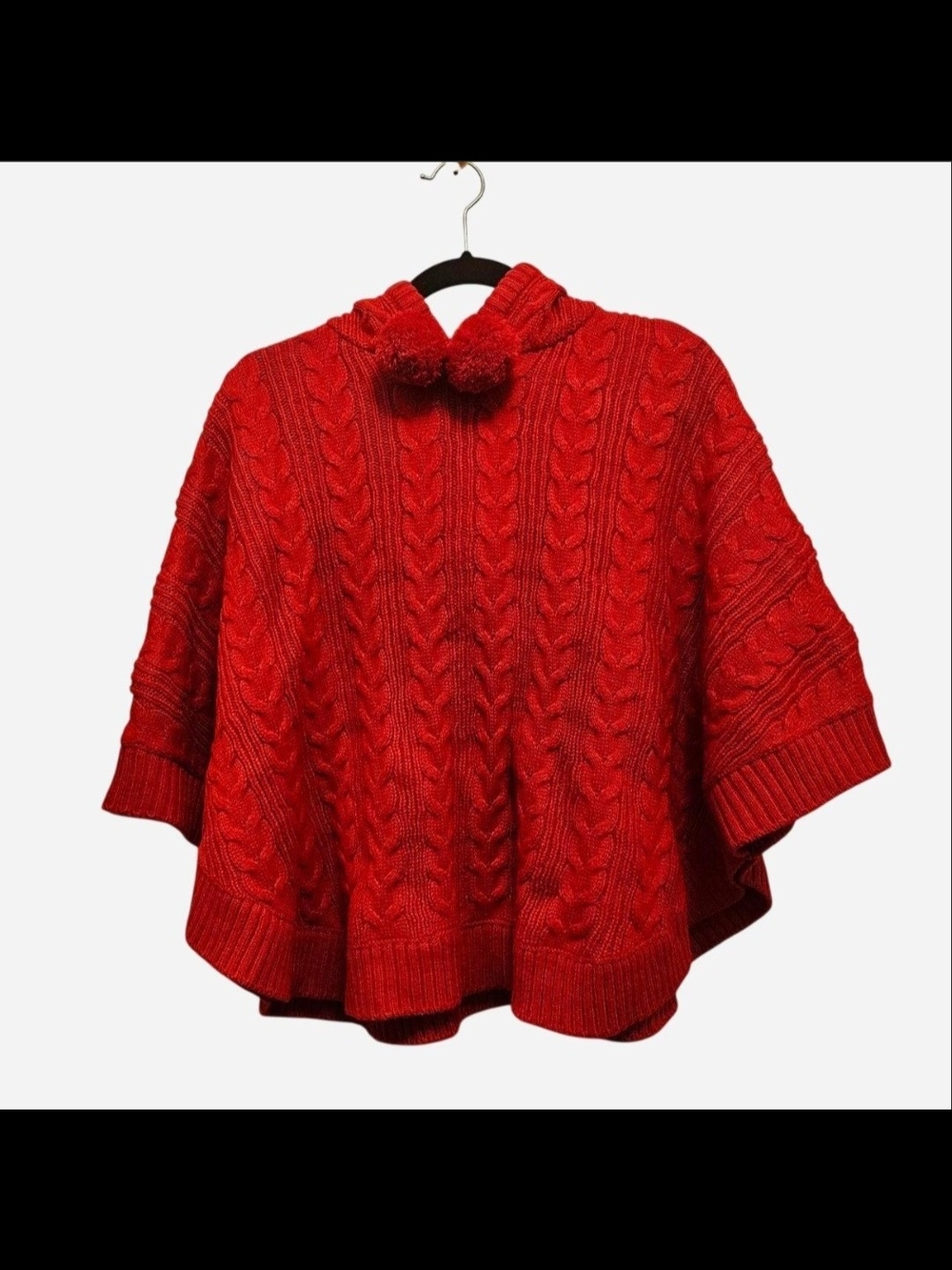 Red Cable-Knit Hooded Poncho with Pom Tie